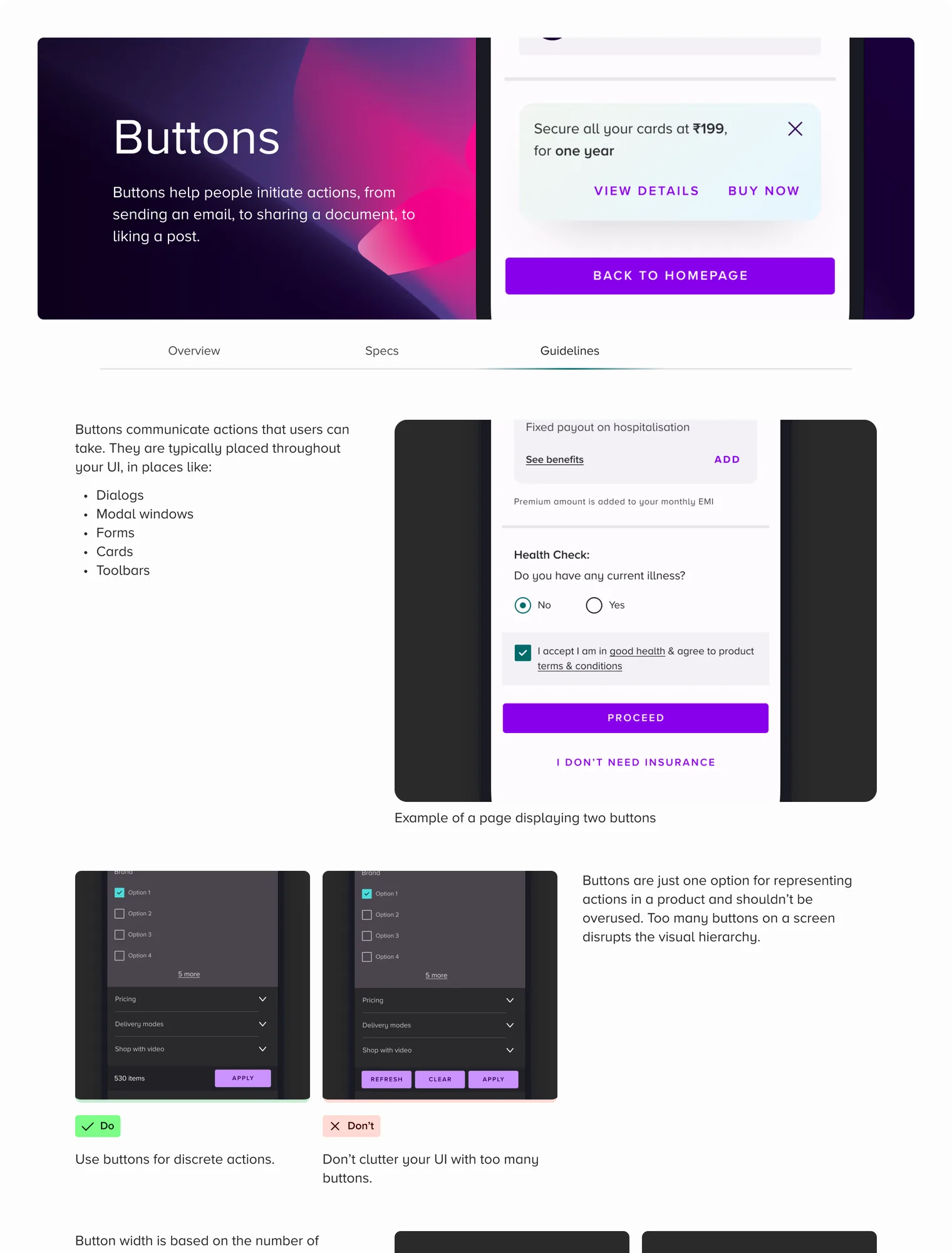 Buttons guidelines page, top part: usage examples and do and don't pairs.