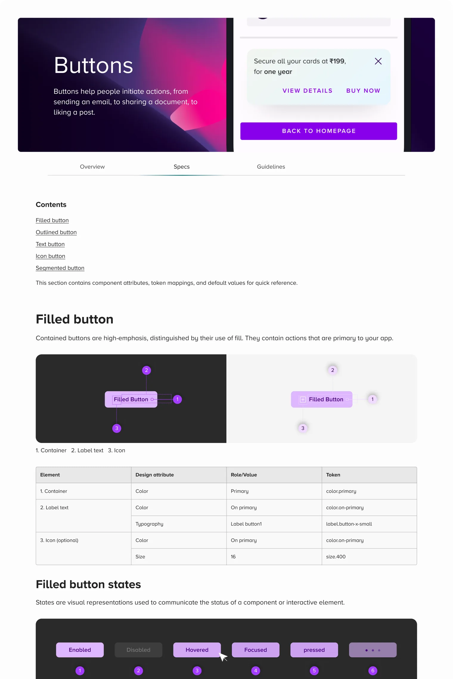 Buttons specs page, top part: anatomy, states and token mappings for the filled button.
