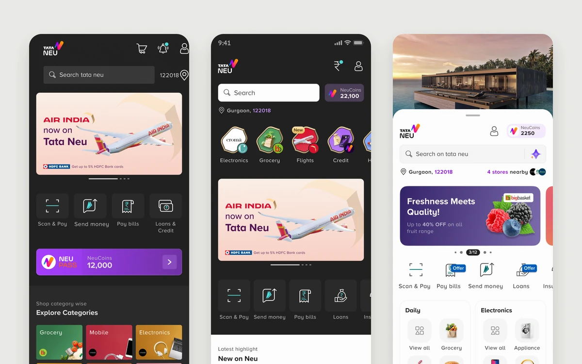 Three Tata Neu homepages side by side: the 2023 dark theme, the hybrid step, and the 2024 light theme.