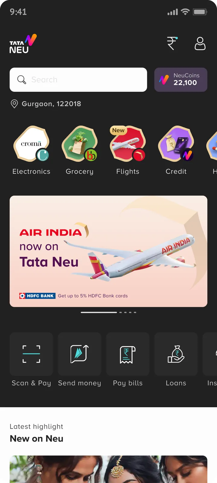 The hybrid homepage: dark top with the Air India banner, light New on Neu section below.