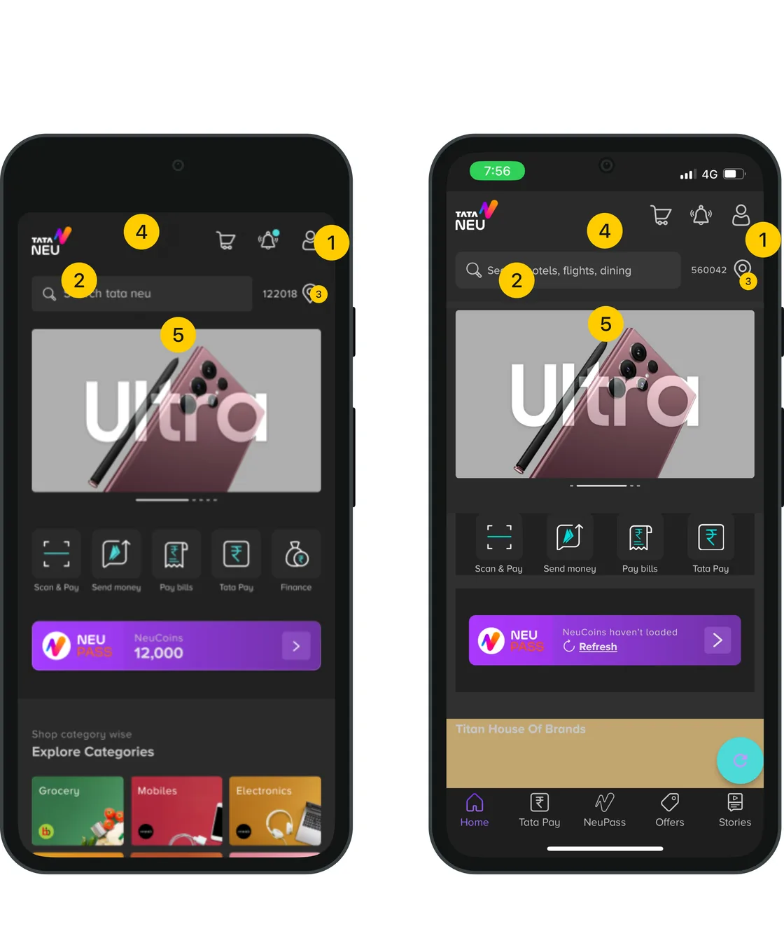 Release 3.5 QC slide: the homepage design beside the production build, with five numbered yellow dots marking the fixes.