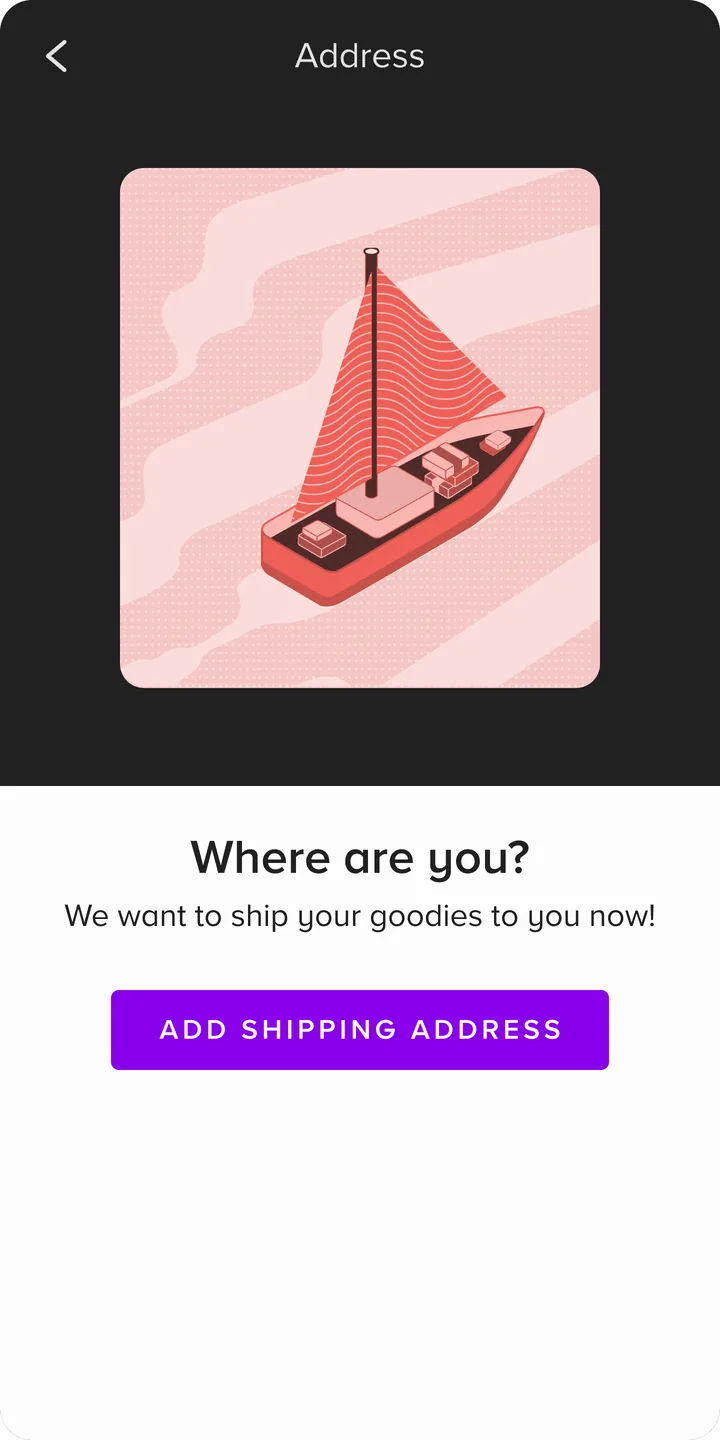 Dark address screen: a paper boat beside "Where are you?" and an Add shipping address button.