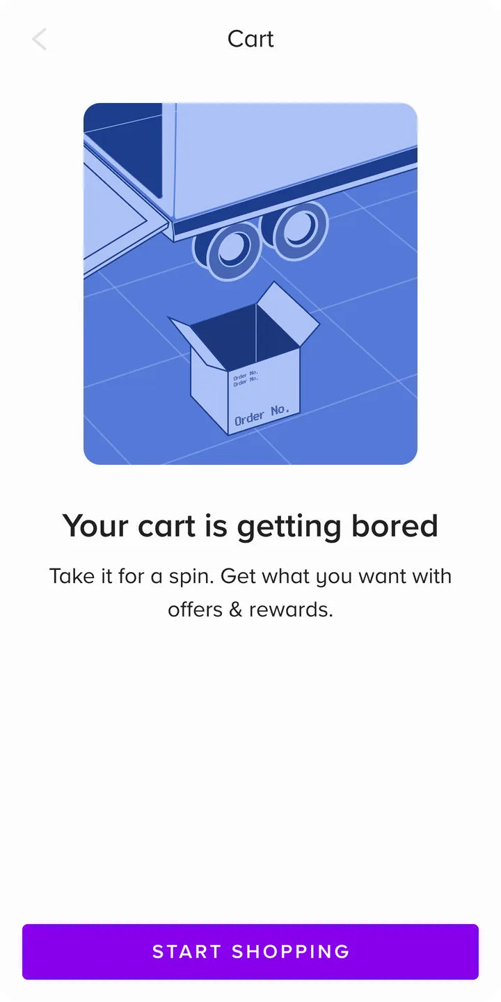 Empty cart screen: an isometric box being filled, "Your cart is getting bored" and a Start shopping button.