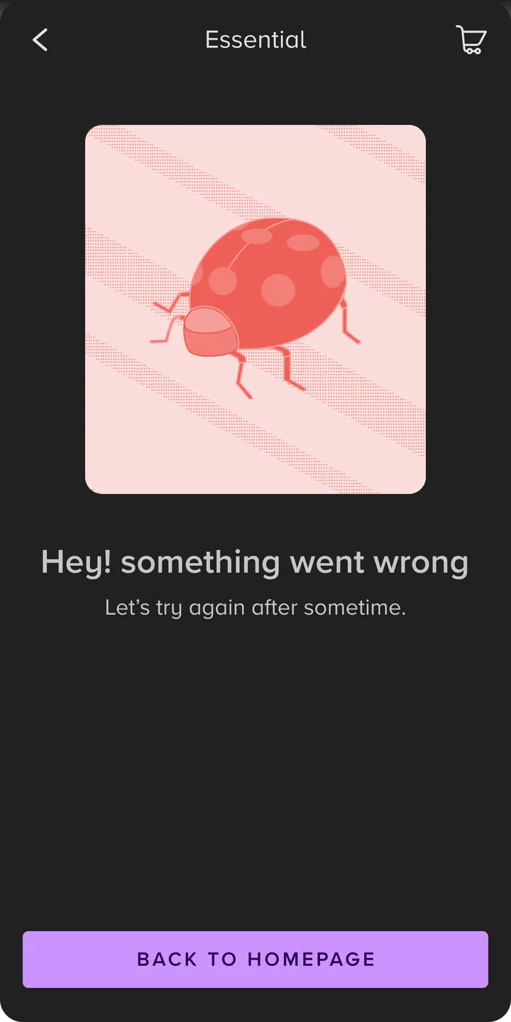 Dark error screen: a ladybird beside "Hey! something went wrong" and "Let's try again after sometime."