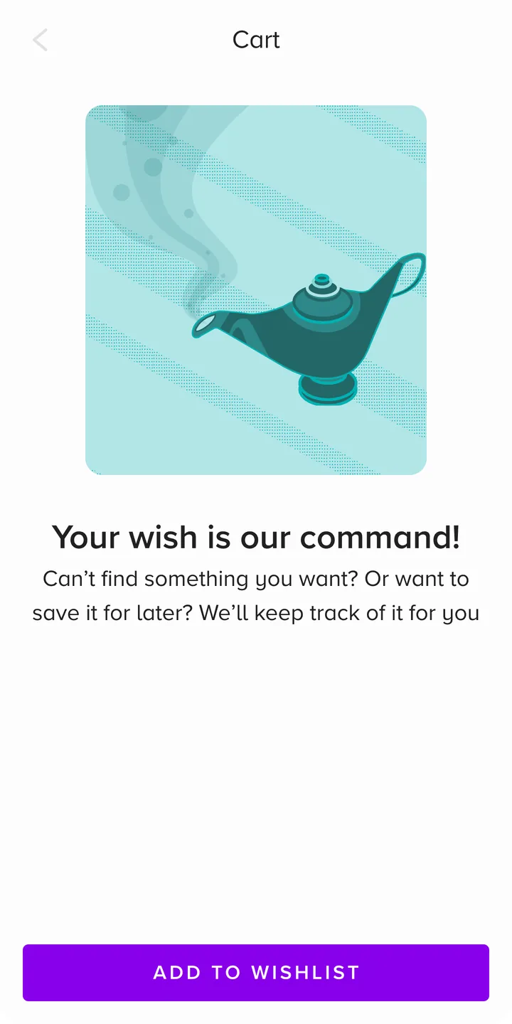 Empty wishlist screen: a genie's lamp with smoke and "Your wish is our command!"