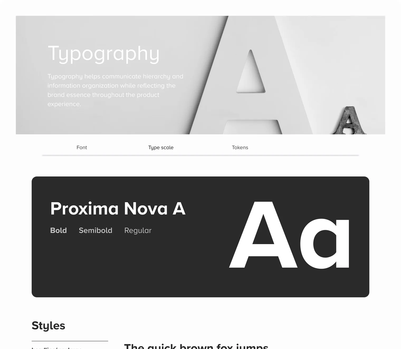 The type scale page from the handoff file: a Proxima Nova A panel and each headline style with its size and token name.