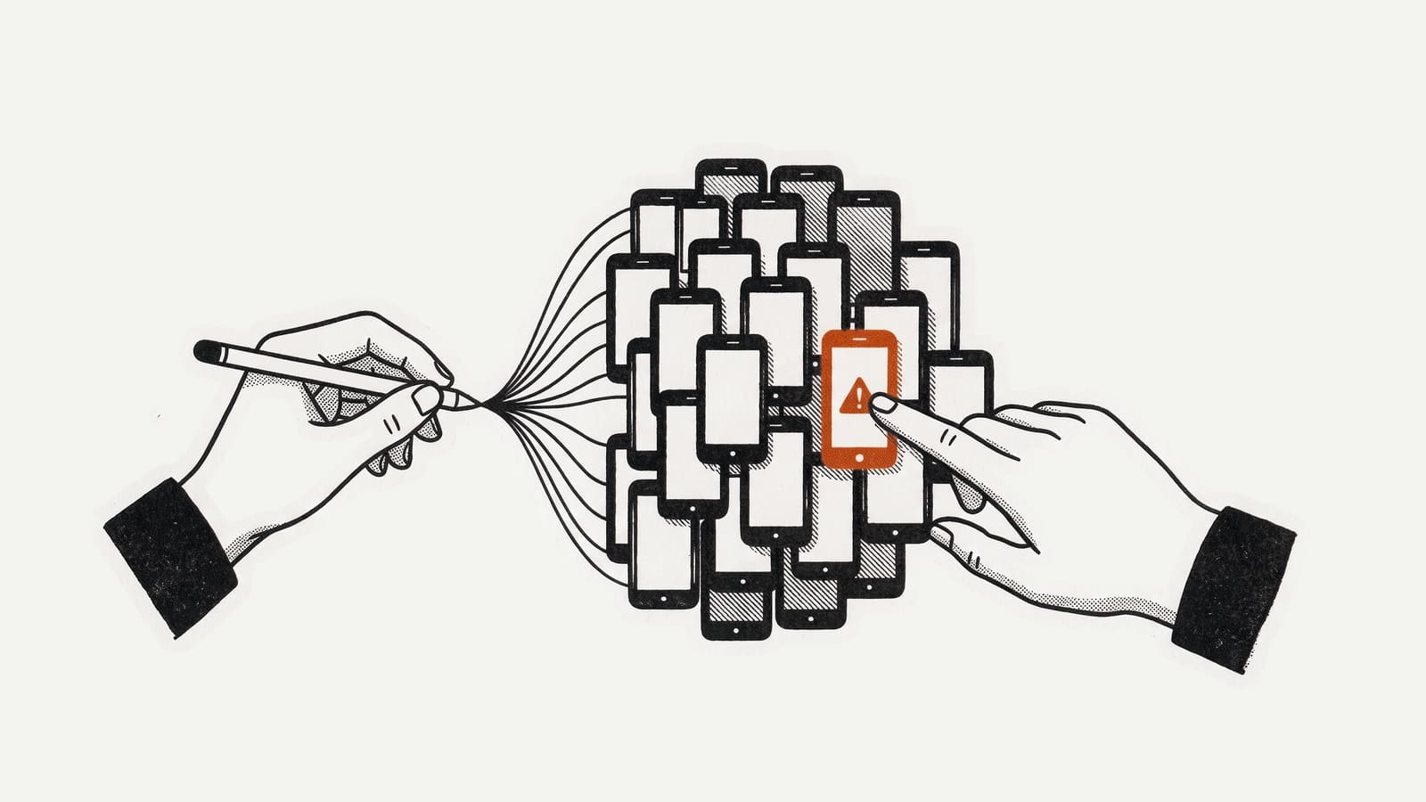 One hand holds a stylus whose line fans out into a cluster of phone screens; the other hand points at the one orange screen with a warning sign.