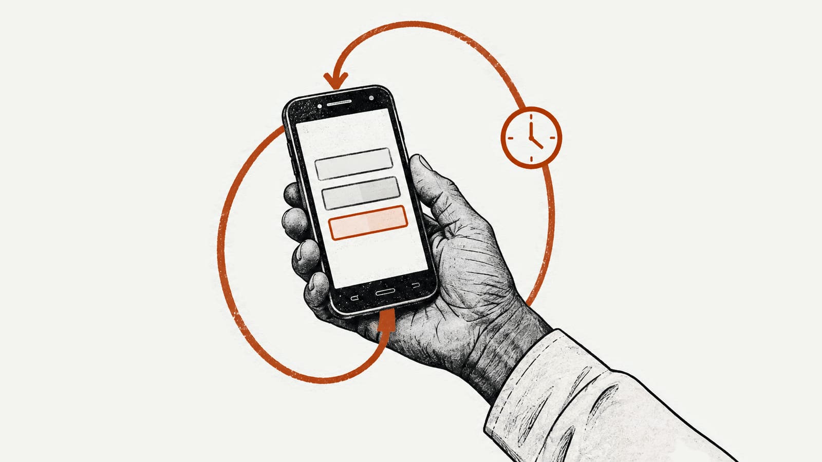 A hand holds a phone with a form and an orange button; an orange arrow loops from the button back to the top, past a small clock.