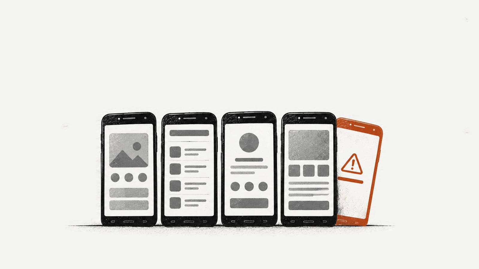 Four finished phone screens stand in a neat row, and a fifth, half hidden at the end, shows only an orange warning sign.