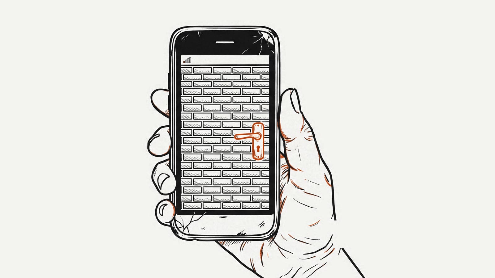 A hand holds a scuffed, cracked phone with one bar of signal; a brick wall fills its screen, with a single orange door handle and no door.