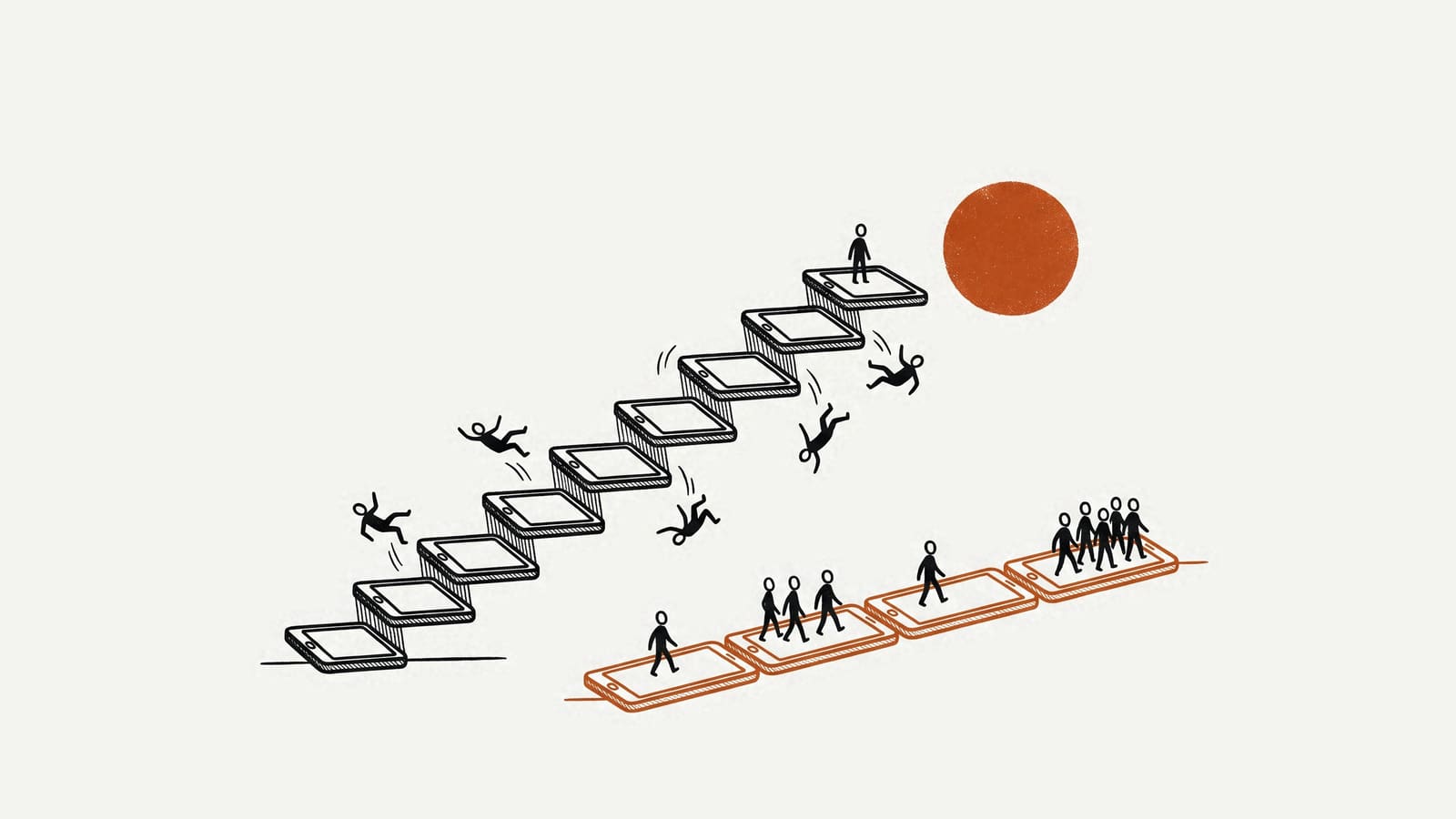 Figures tumble off a staircase of nine phone screens; below, a short orange path of screens carries a group walking together.