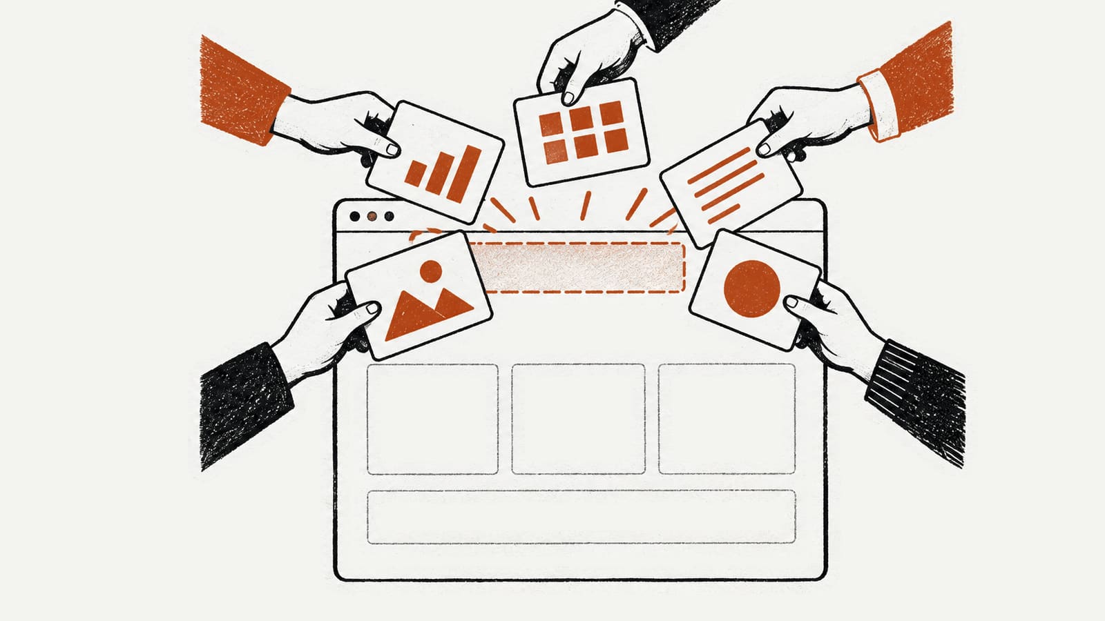 Five hands reach in from the top and both sides of a web page, each pushing a different card toward the one orange slot at its top.