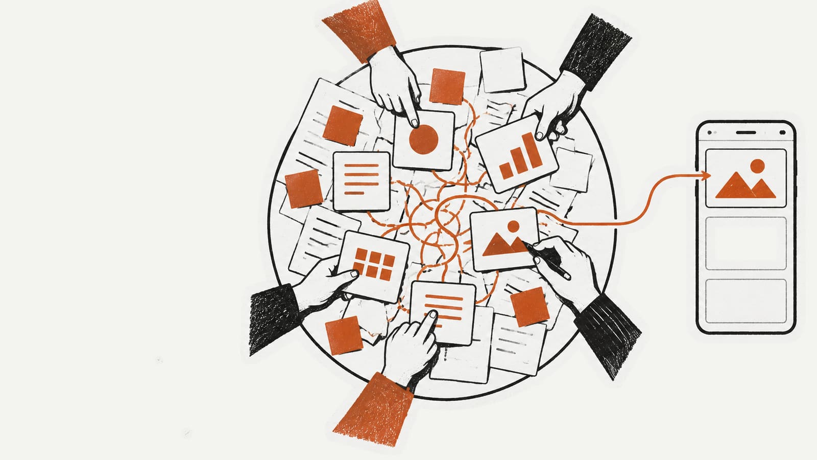 Five hands mark overlapping cards on a round table, tangled in orange lines; one clean line leads to a phone whose top slot holds a single card.