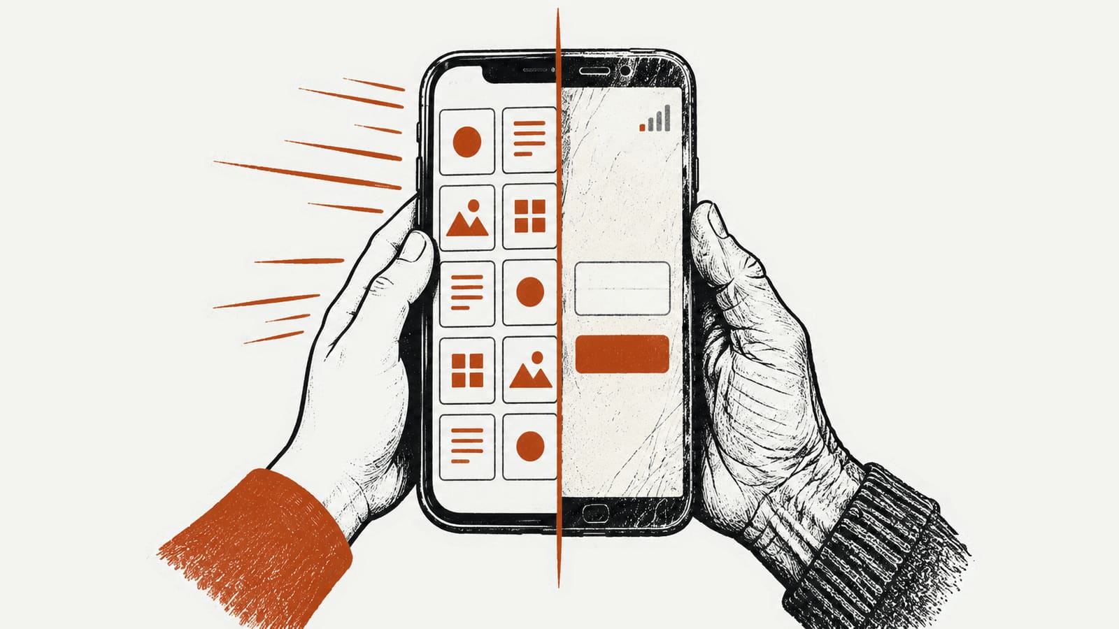 One phone split down the middle; a young hand holds the half full of app tiles, an older hand the worn half with one plain field and an orange button.