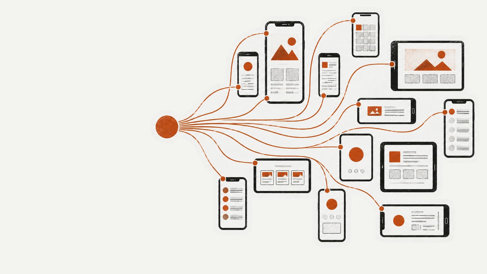 One orange dot on the left, with thin orange lines branching into a fan of phone and tablet screens, each carrying the same orange accent.